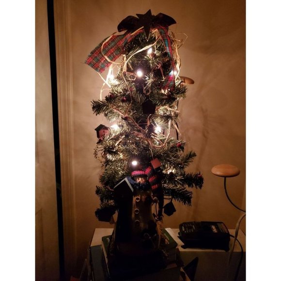 Handmade Lighted Tabletop Holiday/Christmas Tree with Wood Birdhouse Ornaments - Picture 2 of 9